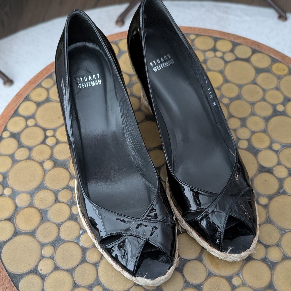 Stuart Weitzman Black Patent And Jute Wedges 11.5… - image 1